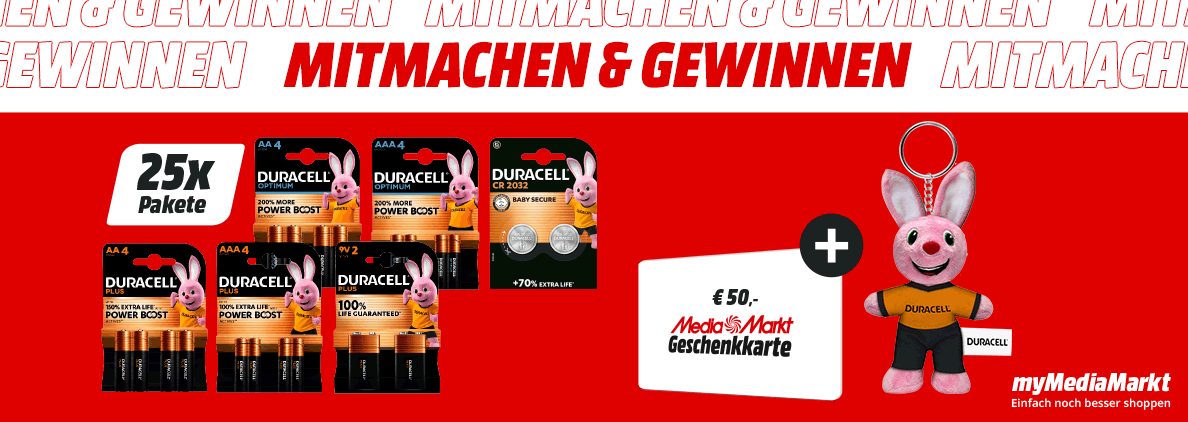 Duracell Gewinnspiel für myMediaMarkt Mitglieder. Jetzt teilnehmen und eines von 25 Duracell Pakete und einen 50 € MediaMarkt Geschenkkarte gewinnen. 