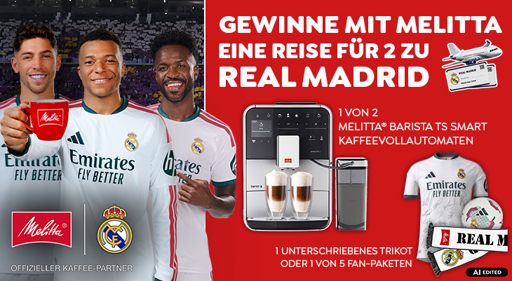 Tickets inkl. Reise nach Madrid, signiertes Trikot, Fanpakete und Barista TS Smart Kaffeevollautomat zu gewinnen.